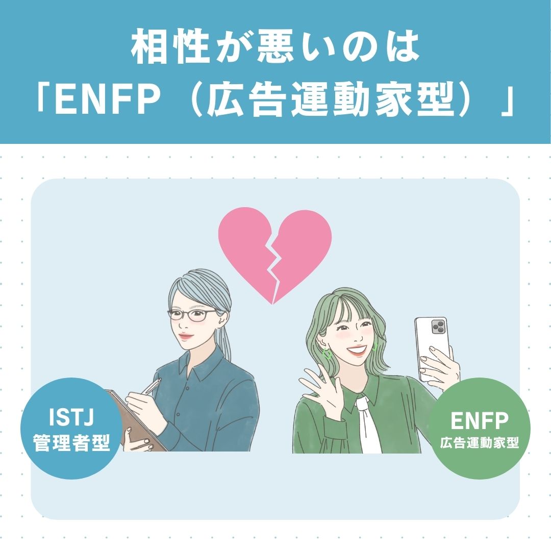 ISTJ（管理者型）と恋愛の相性が悪いタイプは「ENFP（広報運動家型）」